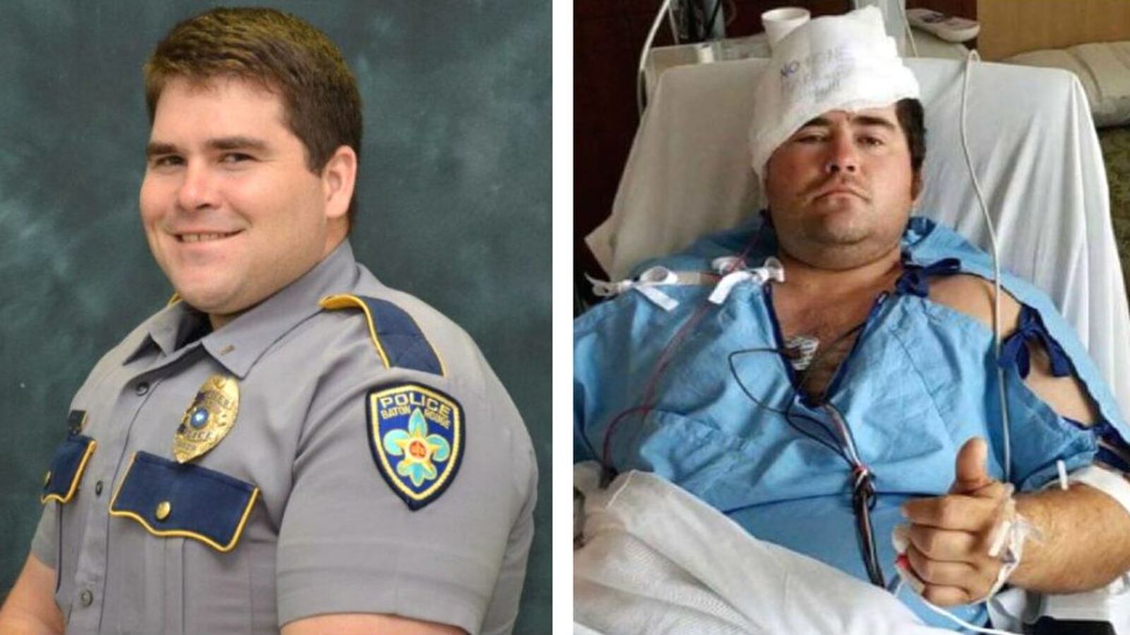 Baton Rouge police Cpl. Derrick Maglone, who was critically injured Sunday, April 26, 2020, in an alleged ambush that killed 45-year-old Lt. Glenn Dale Hutto, gives a thumbs up in his hospital room at right. The suspect in the shooting, Ronnie DeWayne Kato Jr., is charged with capital murder and prosecutors plan to seek the death penalty. (Baton Rouge Police Department)