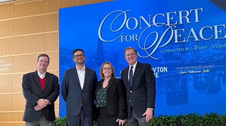 From left: Patrick Nugent, president and CEO of Dayton Performing Arts Alliance; Gabriel van Aalst, president and CEO of Dayton Live, Sue Edwards, president of Wright State University; and Congressman Mike Turner (OH-10). Photo by Russell Florence Jr.