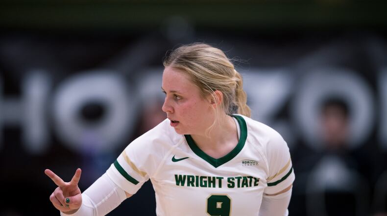 Wright State's Katie Meyer signals to teammates during the Raiders' Horizon League semifinal win over Cleveland State. Joseph Craven/Wright State Athletics