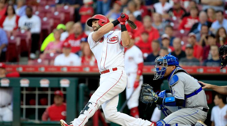 CINCINNATI, OH - SEPTEMBER 26: Jose Peraza #9 of the Cincinnati Reds hits a home run in the first inning against the Kansas City Royals at Great American Ball Park on September 26, 2018 in Cincinnati, Ohio. (Photo by Andy Lyons/Getty Images)