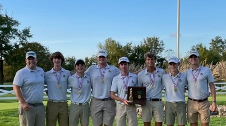 The Alter HIgh School boys golf team after winning a Division II district title. The Knights will play Friday and Saturday in the Division II state tournament at NorthStar Golf Club, north of Columbus. CONTRIBUTED