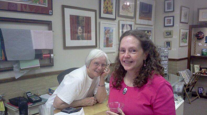 Sue Brezine (left) and Theresa Mayer in the Village Artisans Gallery. The Sue Brezine Retrospective Lobby Show will take place until March 4 in the Village Artisans Gallery in Yellow Springs at 100 Corry St.