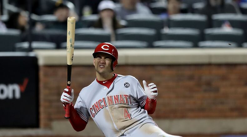 NEW YORK, NEW YORK - APRIL 29:  Jose Iglesias #4 of the Cincinnati Reds is hit by a pitch in the eighth inning against the New York Mets at Citi Field on April 29, 2019 in the Flushing neighborhood of the Queens borough of New York City.The Cincinnati Reds defeated the New York Mets 5-4. (Photo by Elsa/Getty Images)