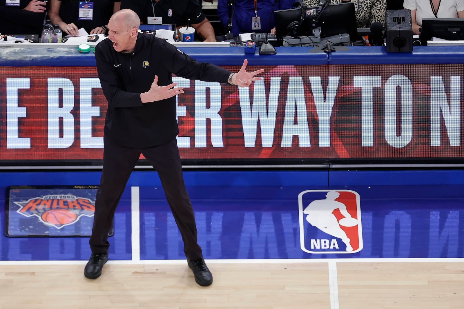 Indiana Pacers head coach Rick Carlisle reacts during the third quarter of Game 5 of the NBA basketball Eastern Conference final against the New York Knicks, Thursday, May 29, 2025, in New York. (AP Photo/Adam Hunger)