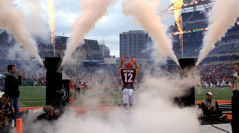 CINCINNATI, OH - OCTOBER 28: Alex Erickson #12 of the Cincinnati Bengals runs on to the field while being introduced to the crowd prior to the start of the game against the Tampa Bay Buccaneers at Paul Brown Stadium on October 28, 2018 in Cincinnati, Ohio. (Photo by Andy Lyons/Getty Images)