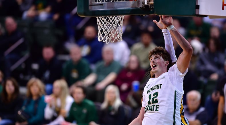 Wright State's A.J. Braun scores at the rim during Tuesday night's game vs. Toledo at the Nutter Center. Wright State Athletics photo