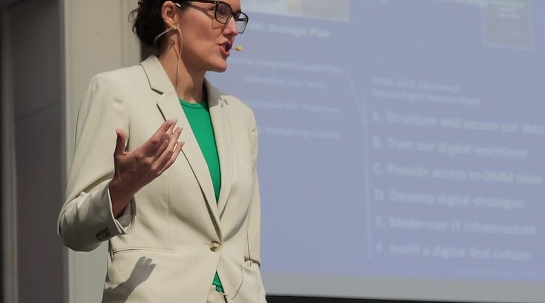 Air Force Research Laboratory chief information officer and director of the Digital Capabilities Directorate, delivers the keynote speech at the Wright Innovative Technology Summit at the Dayton Arcade on September 19, 2023. U.S. Air Force photo / Keith Lewis
