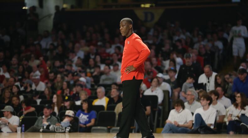 Dayton's Anthony Grant coaches during a game against Vanderbilt in the second round of the NIT on Sunday, March 20, 2022, at Memorial Gymnasium in Nashville, Tenn. David Jablonski/Staff