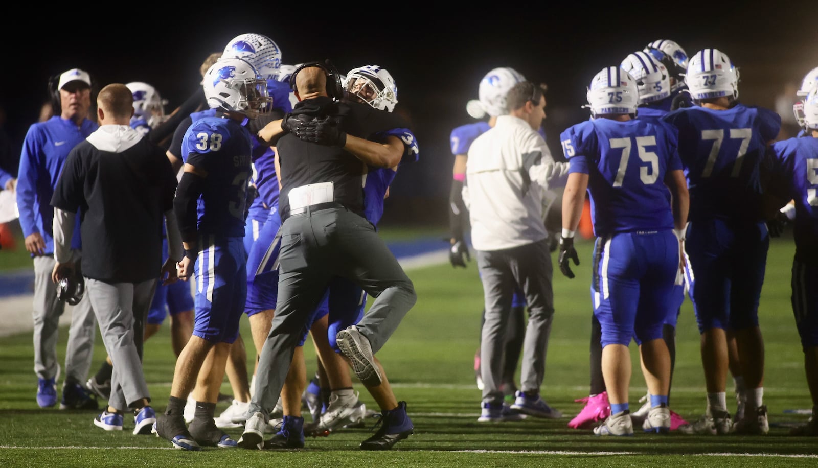 Springboro celebrates a victory against Fairmont on Friday, Oct. 10, 2025, at CareFlight Field in Springboro. David Jablonski/Staff