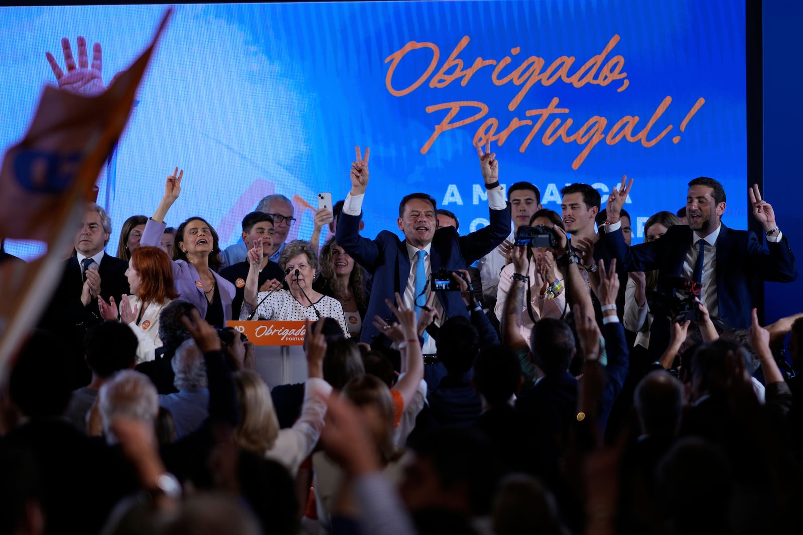 Incumbent Prime Minister and leader of the center-right Social Democratic Party Luis Montenegro reacts with his supporters, following Portugal's general election, in Lisbon, Monday, May 19, 2025. (AP Photo/Armando Franca)