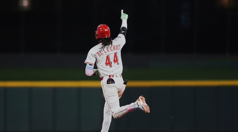 Cincinnati Reds' Elly De La Cruz celebrates after hitting a solo home run during the eighth inning of a baseball game against the New York Yankees, Monday, June 23, 2025, in Cincinnati. (AP Photo/Joshua A. Bickel)