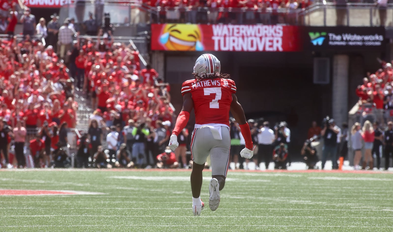 Ohio State's Jermain Mathews Jr. reacts after a fourth-down stop at the goal line against Texas on Saturday, Aug. 30, 2025, at Ohio Stadium in Columbus. David Jablonski/Staff