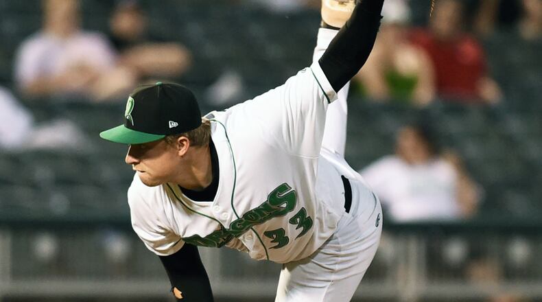Dayton Dragons reliever Braxton Roxby fires a pitch plateward during a game this season. Nick Falzerano/CONTRIBUTED