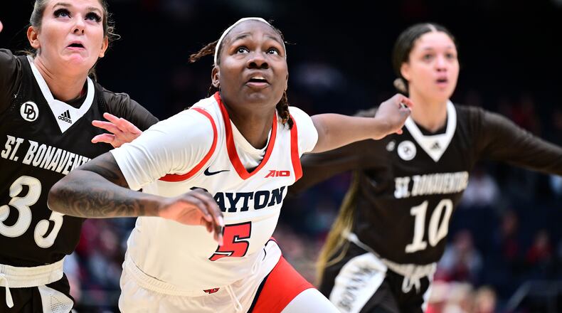 Dayton's Arianna Smith eyes a rebound during Sunday's game vs. Saint Bonaventure at UD Arena. Erik Schelkun/UD Athletics photo