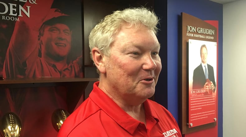 Dayton football coach Rick Chamberlin talks to reporters on Wednesday, Aug. 7, 2019, at the Frericks Center. David Jablonski/Staff