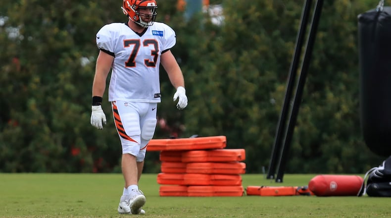 Cincinnati Bengals' Jonah Williams (73) during an NFL football camp practice in Cincinnati, Tuesday, Aug. 18, 2020. (AP Photo/Aaron Doster)
