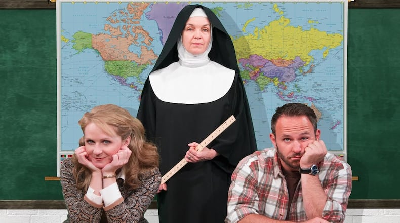 Claire Kennedy (from left), Jennifer Dorr White and Joshua Levine are featured in the Human Race Theatre Company’s production of “Hail Mary!,” Nov. 3-20 at the Loft Theatre. CONTRIBUTED