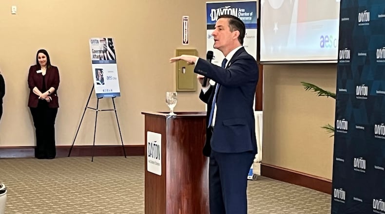 Sen. Bernie Moreno, speaking to a Dayton Area Chamber of Commerce audience at the NCR County Club Tuesday March 18, 2025. THOMAS GNAU/Staff Writer