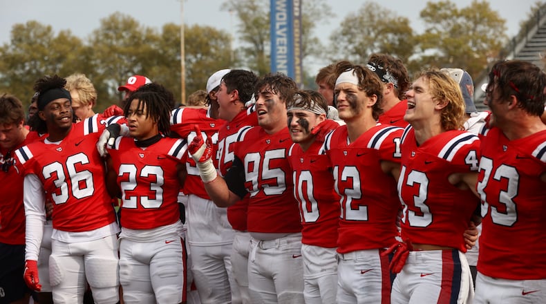 Dayton celebrates a victory against Davidson on Saturday, Oct. 12, 2024, at Welcome Stadium. David Jablonski/Staff