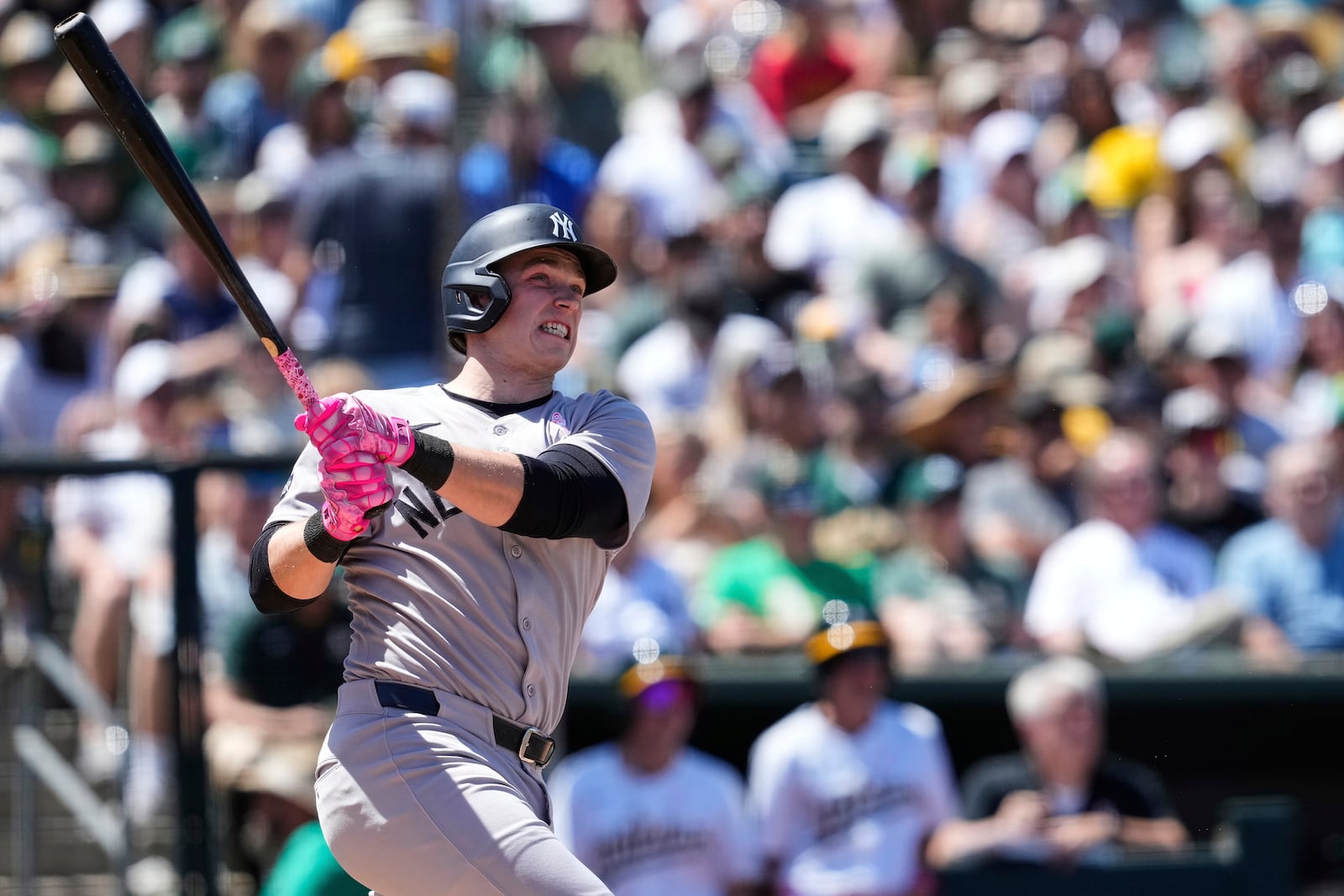 New York Yankees' Ben Rice hits a grand slam during the fifth inning of a baseball game against the Athletics, Sunday, May 11, 2025, in West Sacramento, Calif. (AP Photo/Godofredo A. Vásquez)