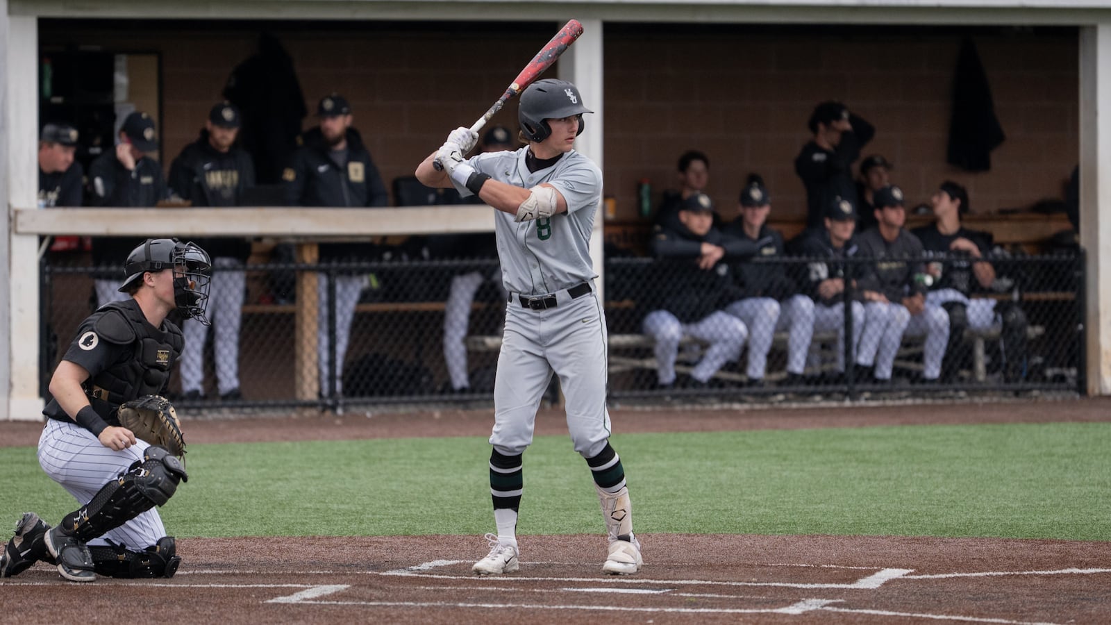 Wright State University sophomore and Chaminade Julienne grad JP Peltier awaits a pitch during their game earlier this season at Oakland. Jordan Wommack / CONTRIBUTED PHOTO