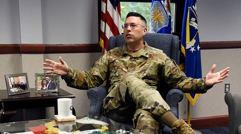 Col. Thomas P. Sherman, 88th Air Base Wing and installation commander, talks about his two years of experience at Wright-Patterson Air Force Base, Ohio in an interview Tuesday. Sherman will relinquish command of the 88th ABW to Col. Patrick G. Miller in a private change of command ceremony June 12 at 10 a.m. at the National Museum of the U.S. Air Force. Sherman has been selected to become the principal military assistant to the Deputy Secretary of Defense at the Pentagon. U.S. Air Force photo by Ty Greenlees
