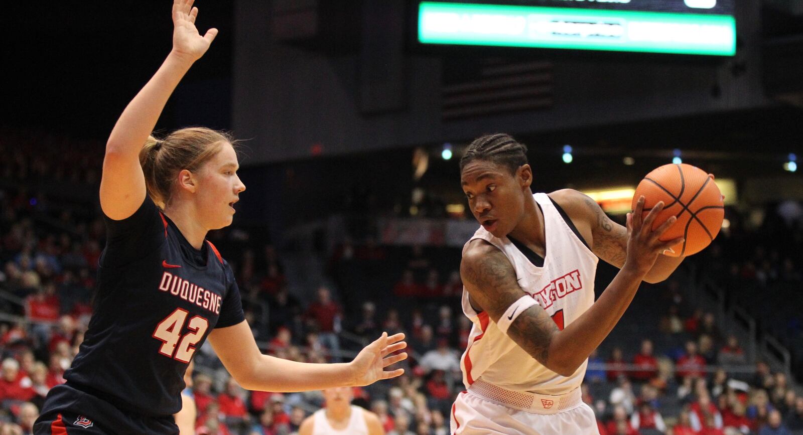 Dayton’s Alex Harris looks for a shot against Duquesne on Wednesday, Jan. 31, 2018, at UD Arena.