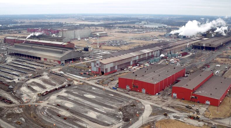 Aerial view of the AK Steel Middletown Works. The big steel producer covers more than 2,700 acres in the city to operate coke ovens, a blast furnace, hot strip mill and more than a dozen other steel production related processes. TY GREENLEES / STAFF