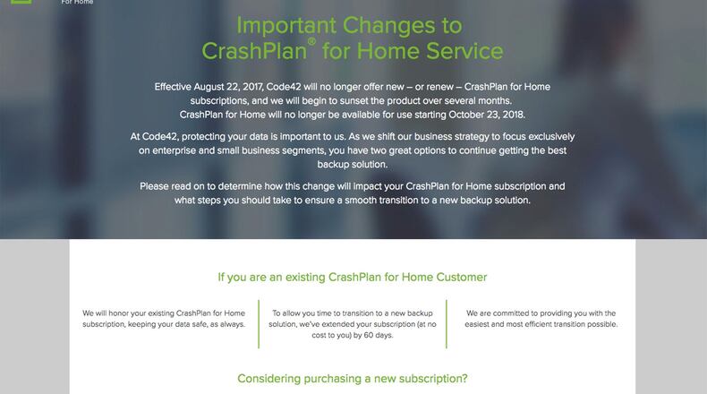 Last year, CrashPlan announced it was discontinuing and shutting down its Home Plan later this year, leaving all of its home users scrambling to find a replacement. (www.crashplan.com screenshot)