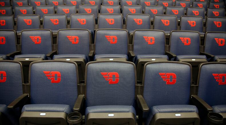 All seats in the 100 and 200 sections of UD Arena have been replaced as part of phase on renovations. The center court sections include embroidered UD Flyers logo. TY GREENLEES / STAFF
