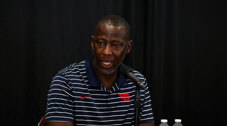 Dayton coach Anthony Grant speaks at a press conference where the Hoops Classic game between UD and Cincinnati was announced on Wednesday, July 19, 2023, at the Heritage Bank Center in Cincinnati. The Flyers and Bearcats will play at the arena on Dec. 16. David Jablonski/Staff