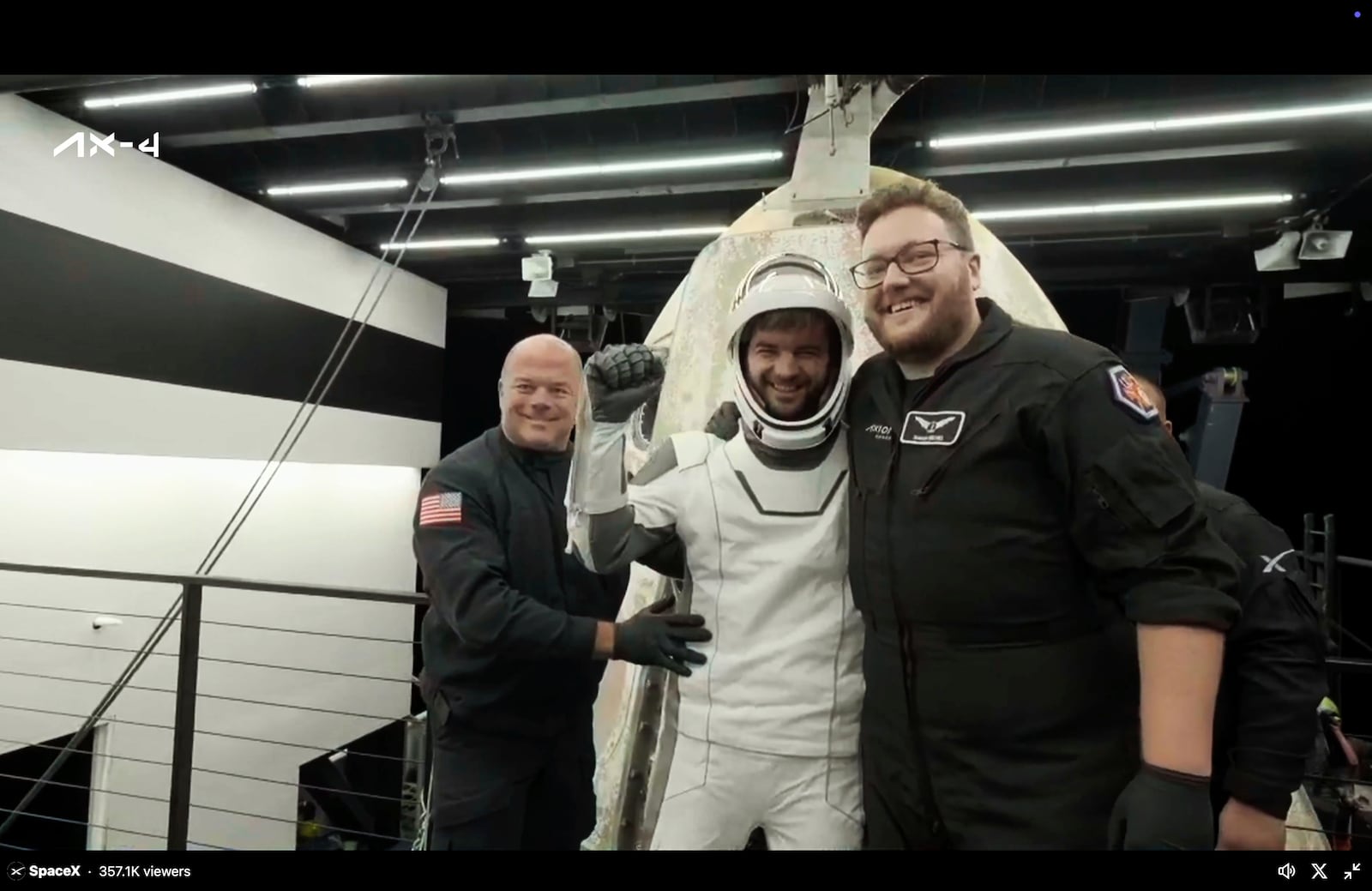 In this image made from video provided by SpaceX, one of the four astronauts, Hungary's Tibor Kapu, comes out of a SpaceX capsule loaded at the recovery ship after parachuting into the Pacific Ocean off the coast of Southern California on Tuesday, July 15, 2025. (SpaceX via AP)