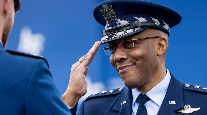 FILE — Gen. Charles Q. Brown, the Air Force chief of staff, salutes President Joe Biden during the Air Force Academy commencement ceremony in El Paso County, Colorado, on Thursday, June 1, 2023. Brown’s nomination as chairman of the Joint Chiefs of Staff is set to receive a Senate vote after Senator Chuck Schumer moved to push three military nominations ahead. (Doug Mills/The New York Times)