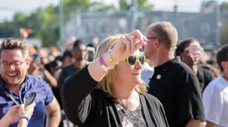 Dayton Mayor Nan Whaley enjoys the Gem City Shine event on Aug. 25, 2019. The event was hosted by Dave Chappelle and featured performances by Stevie Wonder, Chance the Rapper, Thundercat and more. TOM GILLIAM/CONTRIBUTING PHOTOGRAPHER