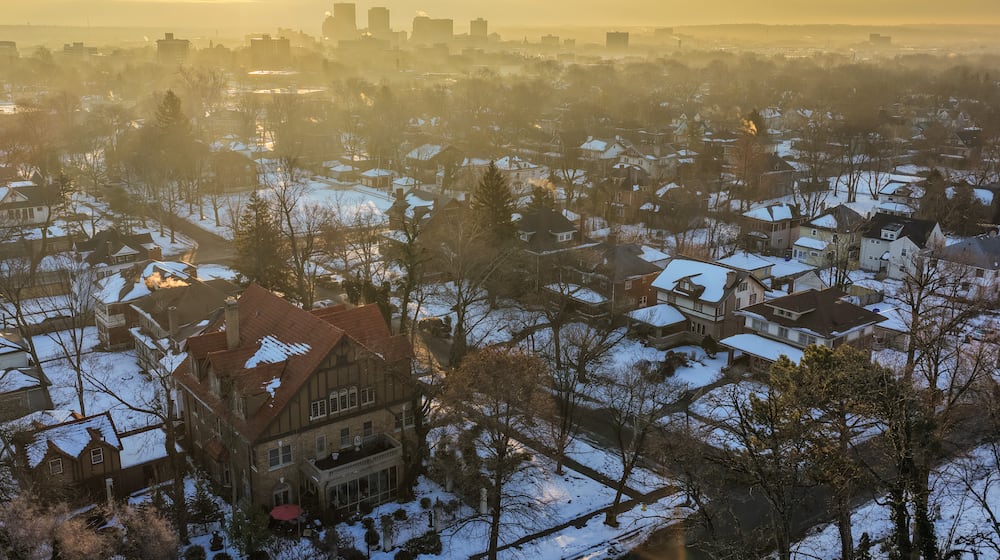 Aerial view of homes in the Dayton View Historic District with Dayton skyline in the background Wednesday, Feb. 11, 2026. NICK GRAHAM VIA DRONE/STAFF