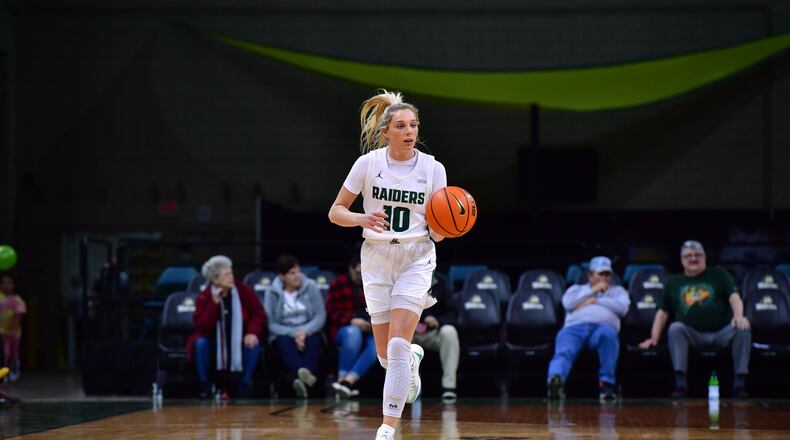 Wright State's Alexis Hutchinson brings the ball up court during a game earlier this season. Hutchinson, a Centerville High School grad, scored 32 points Saturday in the Raiders' win over Eastern Illinois. Wright State Athletics photo