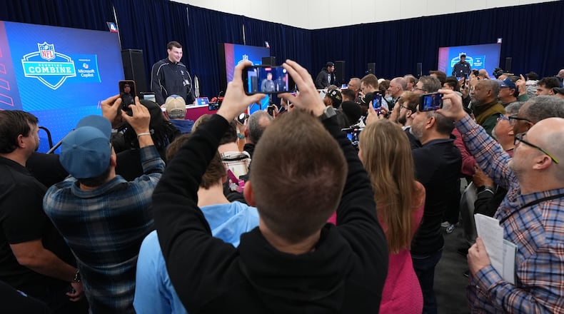 Indiana quarterback Fernando Mendoza, speaks during a news conference at the NFL football scouting combine in Indianapolis, Friday, Feb. 27, 2026. (AP Photo/Julio Cortez)