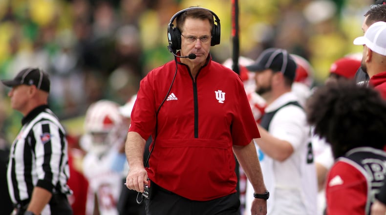 FILE - Indiana head coach Curt Cignetti walks the sidelines during the second half of an NCAA college football game against Oregon, Saturday, Oct. 11, 2025, in Eugene, Ore. (AP Photo/Lydia Ely, File)