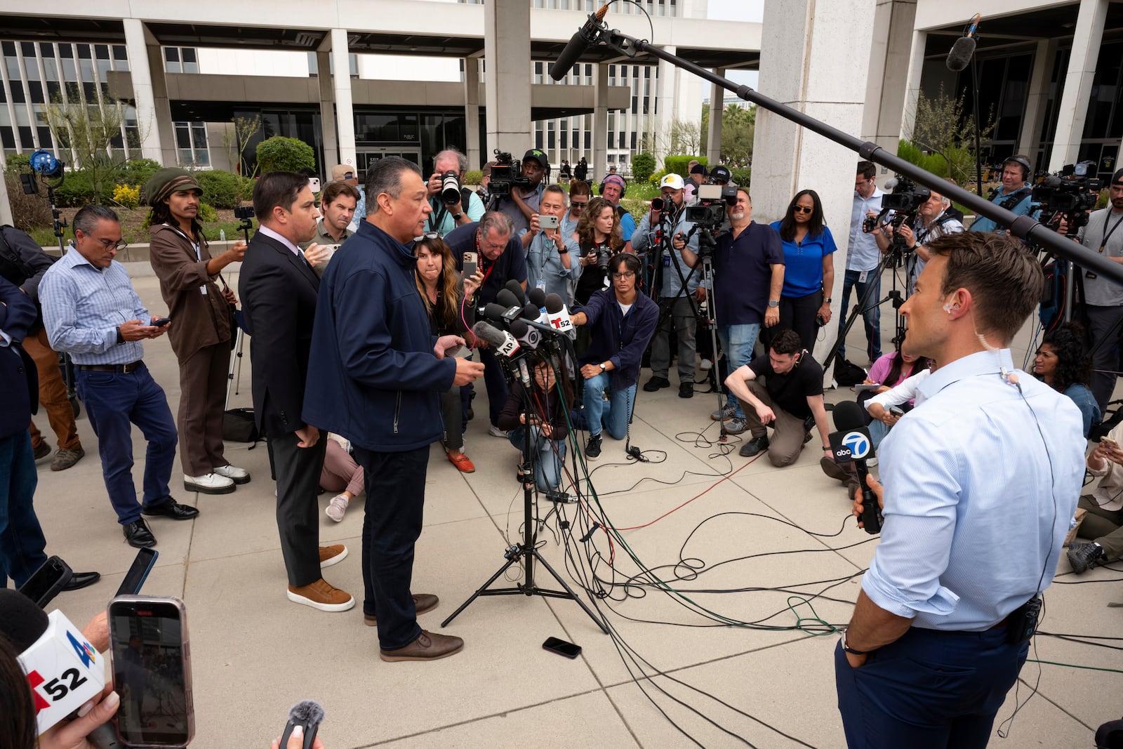 Sen. Alex Padilla, D-Calif., speaks to media after leaving the Federal Building after he was forcibly removed from a news conference with Homeland Security Secretary Kristi Noem in Los Angeles on Thursday, June 12, 2025. (David Crane/The Orange County Register via AP)