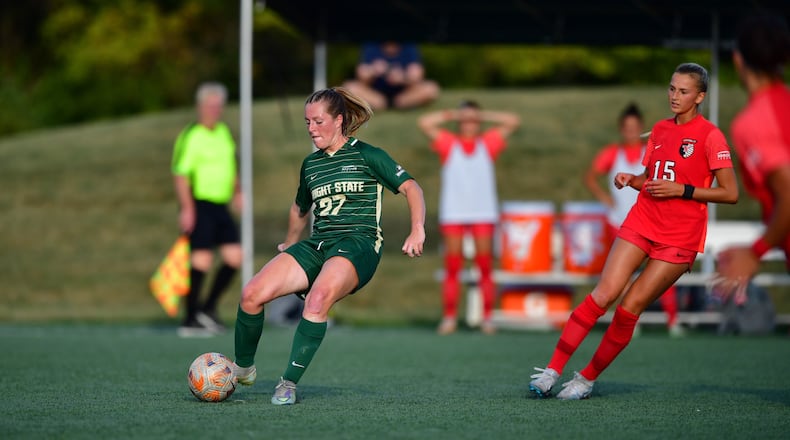 Wright State's Olivia Mace (27) plays a ball during a match against Youngstown State this season. Wright State Athletics photo