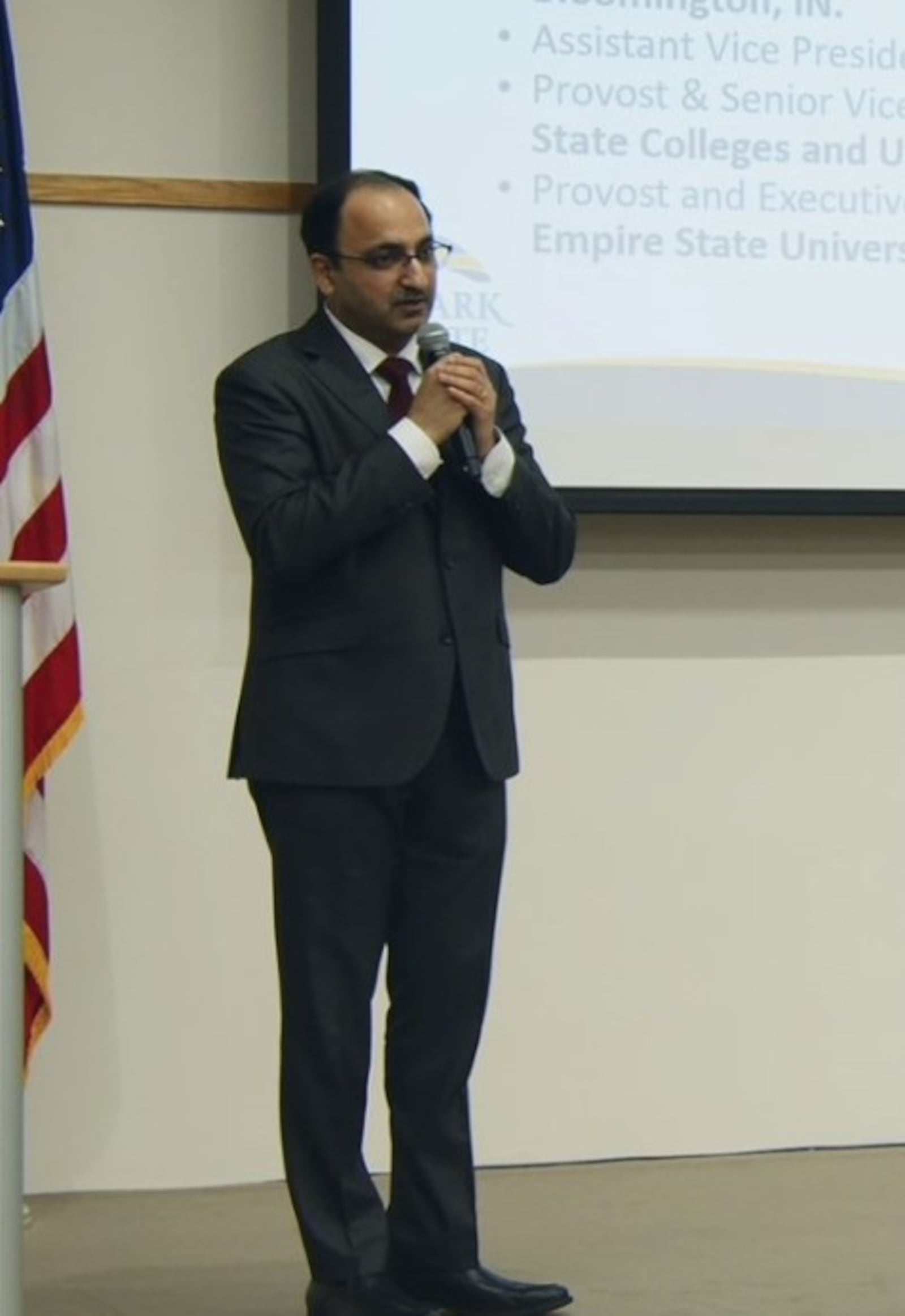 Rai Kathuria, one of three finalists as the next Clark State College president, presented during an open forum about future opportunities and potential improvements for student success.