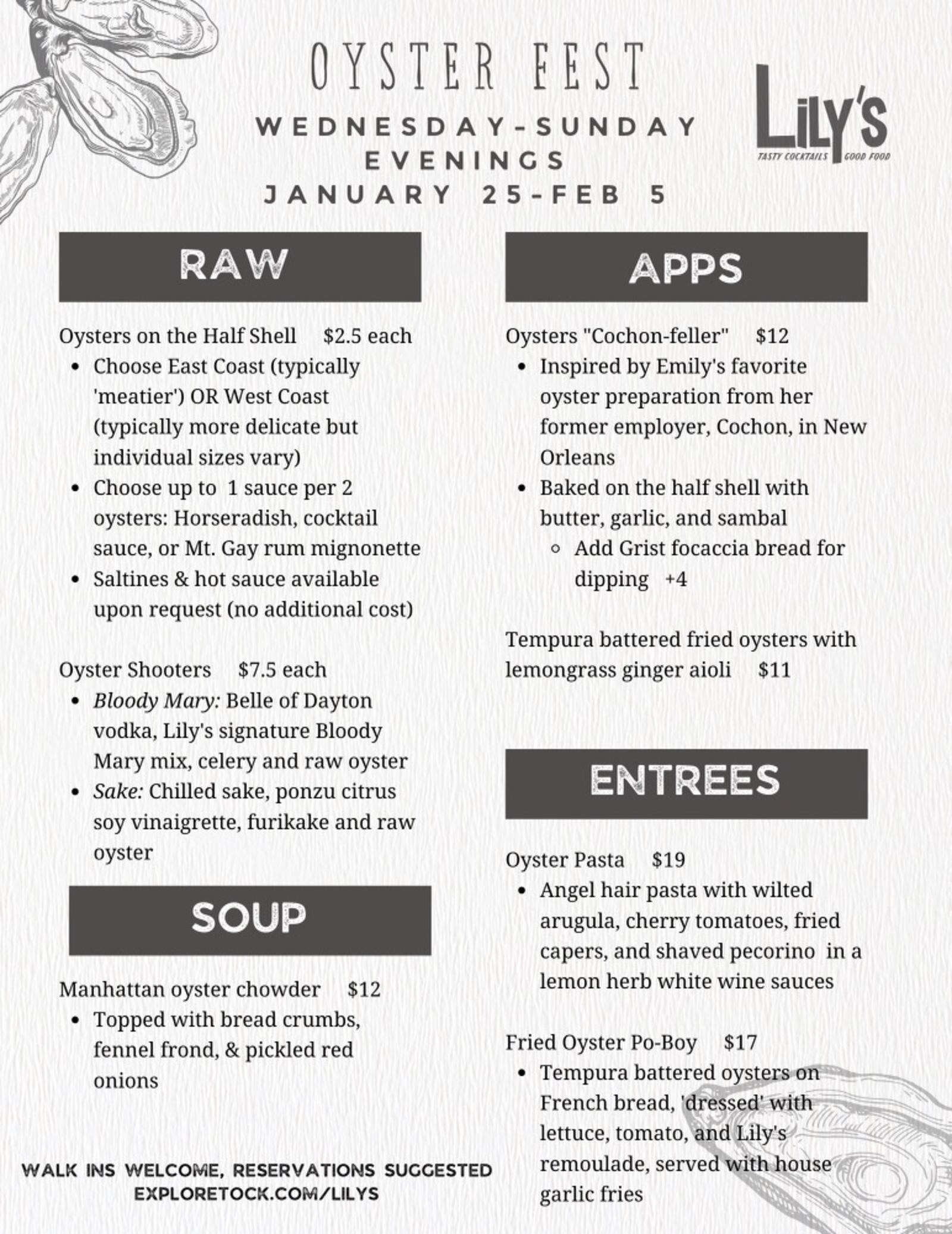 Oyster Fest is returning to Lily’s Dayton on Wednesday, Jan. 25. The specials will be available Wednesday through Sunday evenings until Sunday, Feb. 5. CONTRIBUTED 
