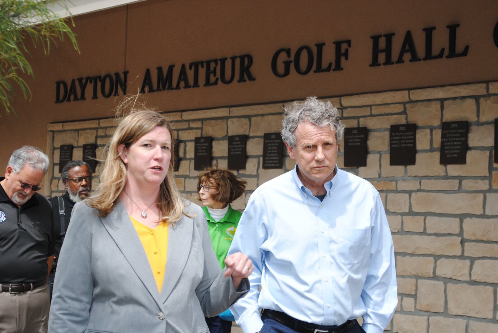 U.S. Sen. Sherrod Brown, D-Ohio, met with Dayton Mayor Nan Whaley at Kittyhawk Golf Center in Dayton before a tour of the Miami Water Treatment Plant. WILL GARBE / STAFF