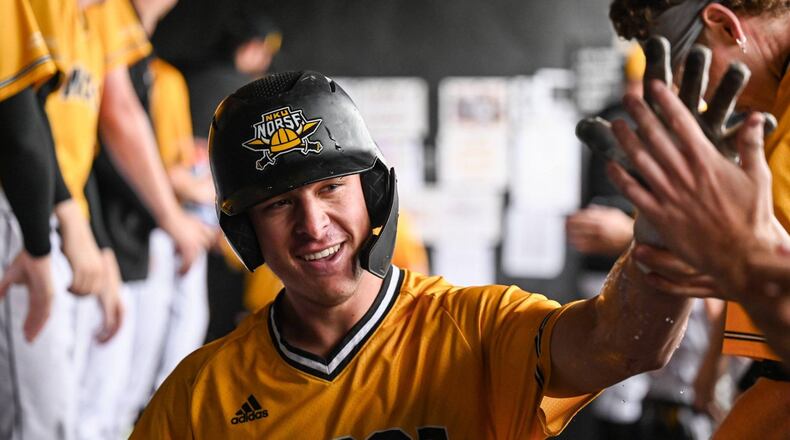 The golden smile of Northern Kentucky’s Colton Kucera that was preserved – “miraculously” said Colton’s mom, Staci – by local dentist Dr. Greg Notestine after Kucera was hit by a pitch in a game against Wright State at Nischwitz Stadium in early May. The 95 mph pitch knocked one front tooth out and into the dirt, knocked another into the back of Colton’s mouth, loosened other teeth, put a gaping hole through his lip and left him with a concussion (his third in three years) and bleeding profusely. CONTRIBUTED