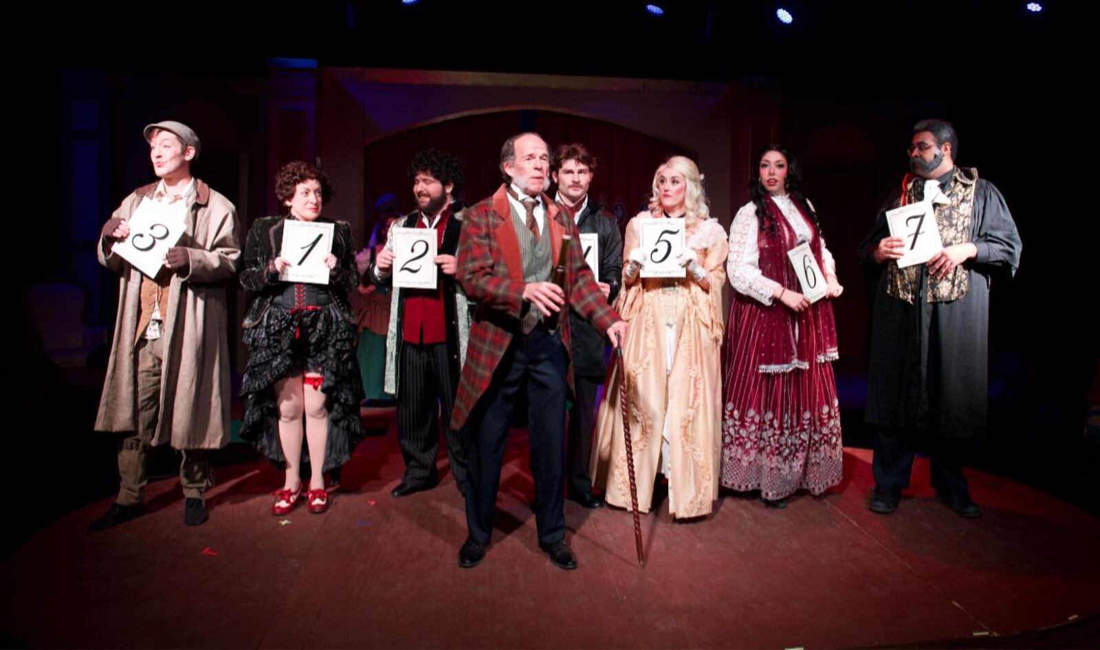 Left to right: Adam Kilgore (Durdles), Katie Pees (Princess Puffer), Lior Shaham (Neville Landless), James Walker (The Chairman), Garrett Young (John Jasper), Allie Haines (Rosa Bud), Hannah Wilkerson (Helena Landless) and Chris Brown (Reverend Crisparkle) in TheatreLab Dayton's production of "The Mystery of Edwin Drood." Photo by Mackensie King