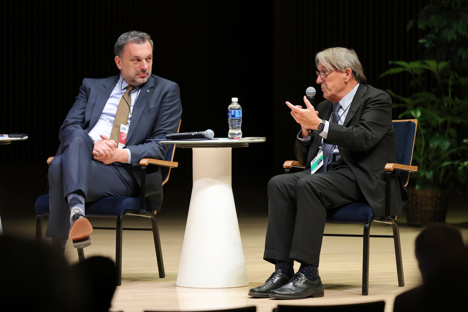 Former U.S. Ambassador to Croatia Peter Galbraith, right, speaks next to Minister of Foreign Affairs of Bosnia and Herzegovina Elmedin Konakovic during a panel discussion at the NATO Parliamentary Assembly in Dayton, Ohio, Friday, May 23, 2025. (AP Photo/Paul Vernon)