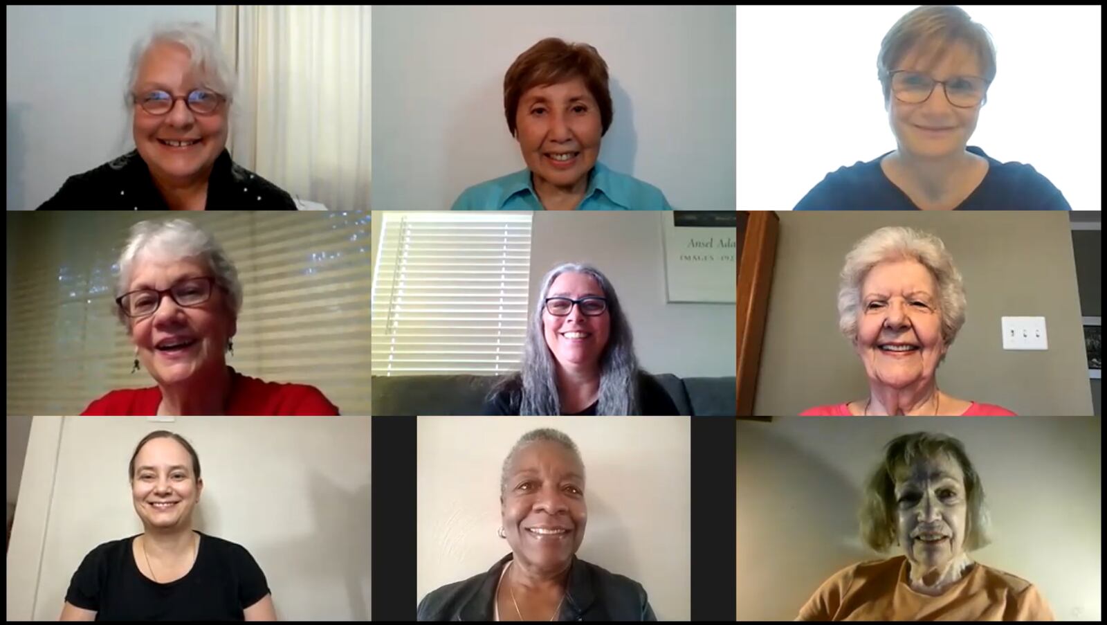 The cast of “Women on Fire” gathers on Zoom for a Meet-and-Greet. The drama, produced by the Young at Heart Players,  will be onstage at the Dayton Theatre Guild July 14-16. They are top row, from left, Becky Howard, Fran Pesch, Jackie Pfeifer; middle row, from left, Jane McBride, Kerry Simpson, Barbara Jorgensen; and bottom row, from left, Shanna Camacho, Gail Andrews Turner, Gayle Smith
CONTRIBUTED