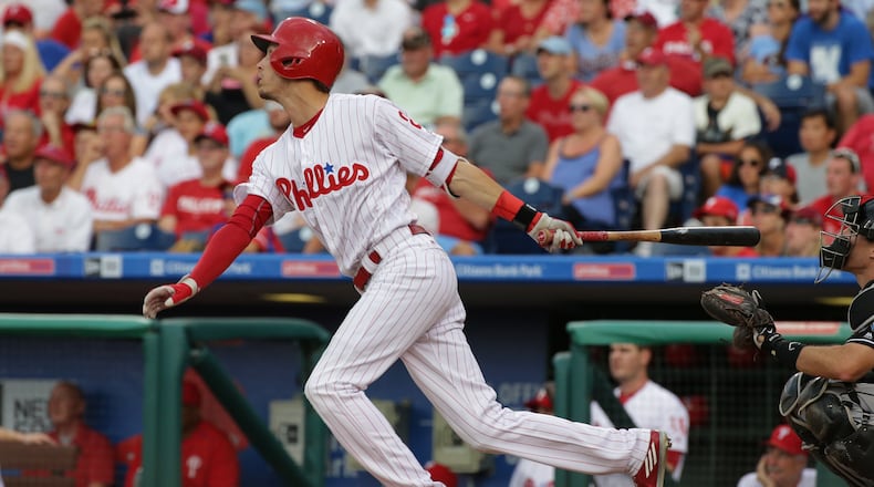 PHILADELPHIA, PA - JULY 20: Tyler Goeddel #2 of the Philadelphia Phillies hits a two-run home run in the first inning during a game against the Miami Marlins at Citizens Bank Park on July 20, 2016 in Philadelphia, Pennsylvania. (Photo by Hunter Martin/Getty Images)