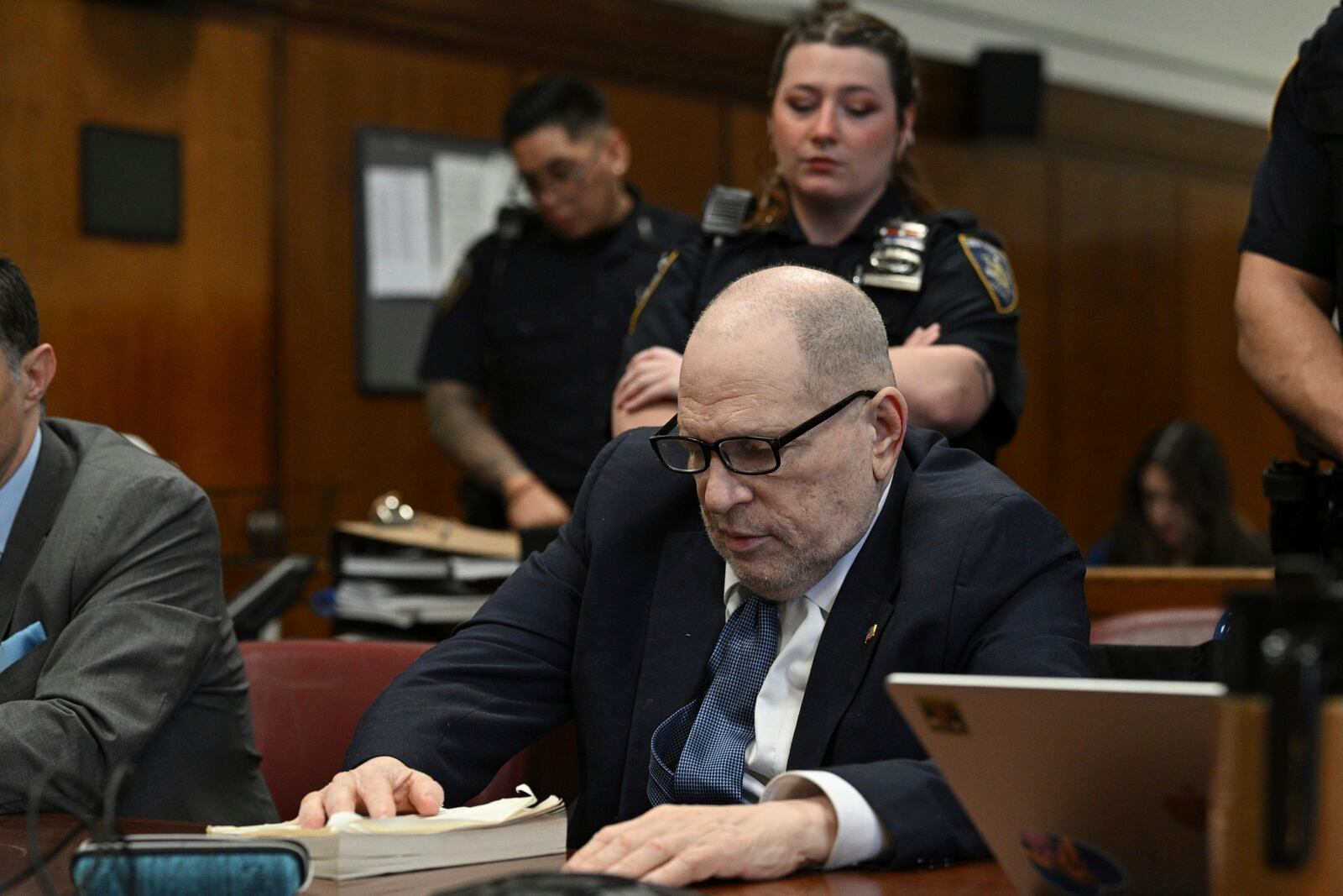 Harvey Weinstein appears in Manhattan Supreme Court on the second day of jury selection in the rape trial against him, in New York, Wednesday, April 16, 2025. (Curtis Means/Pool Photo via AP)
