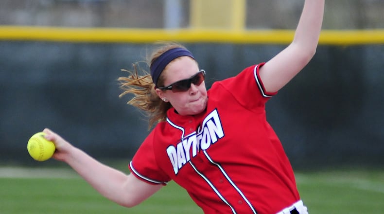 University Dayton's pitcher Emily Froment (5) during Wright State vs. Dayton women�s softball held Wednesday April 10, 2013 at the Wright State University softball complex Photo by Charles Caperton